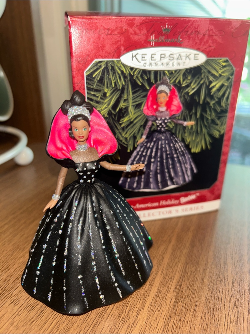 1998 Hallmark Black Gown Ornament with Bright Pink Shawl